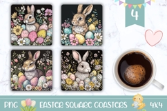 Floral Easter Bunny Square Coasters, Easter Bunny PNG Product Image 1