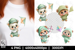 Cute Bear Flying Kite Clipart Sublimation PNG Product Image 1