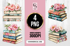 Floral Book Stack Peony Clipart Sublimation PNG Product Image 1