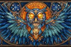 Ornate Stained Glass Owl with Glowing Golden Eyes Art Product Image 1