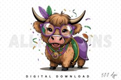 Cute Mardi Gras Highland Cow Sublimation PNG Product Image 1