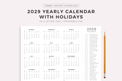 2029 Year Calendar with Holidays, Landscape, Printable Product Image 1