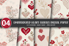 Embroidered Heart Florals Digital Paper Product Image 1