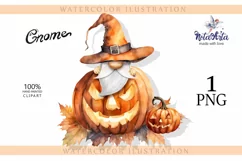 Watercolor Halloween gnome with pumpkins, Gnome PNG Product Image 1
