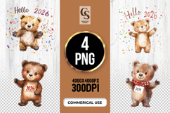 Cute Hello 2026 Bear Watercolor Clipart Sublimation PNG Product Image 1