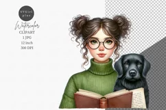 Young girl and book, Student clipart, Back to school, Product Image 1