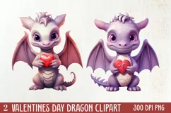 Watercolor Valentine's Day Dragon Clipart, Dragon Watercolor Product Image 1