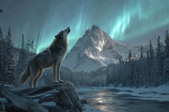 Majestic Wolf Howling Under Northern Lights Art Product Image 1