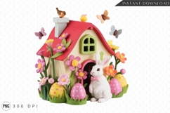 Easter Bunny House With Eggs And Flowers Illustration PNG Product Image 1