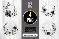 Monochrome Floral Wreath Frame Clipart Sublimation PNG Product Image 1