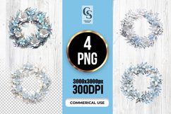 Blue White Floral Wreath Clipart Sublimation PNG Product Image 1