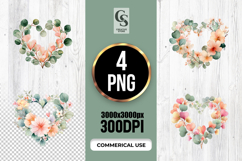 Peach Eucalyptus Watercolor Floral Heart Clipart Set PNG Product Image 1