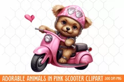 Adorable Animals In Pink Scooter clipart, Watercolor Clipart Product Image 1