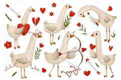Watercolor Valentine Goose Clipart Birds & Cupid Product Image 1