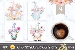 Watercolor Gnome Square Coasters, Floral Square Coaster PNG Product Image 1