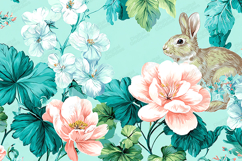 Vintage Floral Pattern with Rabbit Illustration Background Product Image 1