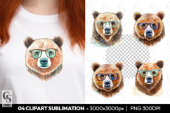 Cute Bear With Glasses Watercolor Clipart Sublimation PNG Product Image 1