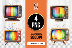 Retro Rainbow TV Watercolor Clipart Sublimation PNG Product Image 1