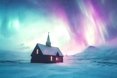 Snowy Church Landscape with Colorful Northern Lights Art Product Image 1