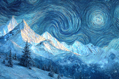 Swirling Winter Mountain Landscape Art in Painterly Style Product Image 1