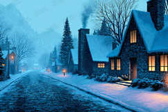 Cozy Winter Village Street Illustration with Snowy Houses Product Image 1