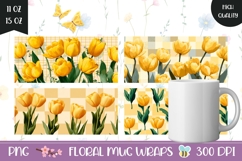 Yellow Tulips Mug Wrap Designs, Cartoon Flowers Mug Template Product Image 1