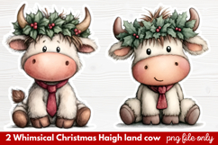 2 Whimsical Christmas Highland Cow Clipart | Cute Festive Product Image 1