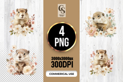 Cute Watercolor Marmot with Flowers Clipart Sublimation PNG Product Image 1