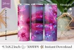 Glitter Lips Tumbler Wrap, Pink Flowers Tumbler Sublimation Product Image 1