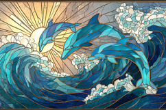 Stained Glass Dolphin Ocean Waves Artwork Design Product Image 1