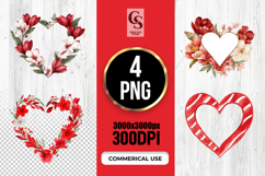 Watercolor Red Floral Heart Wreath Clipart Sublimation PNG Product Image 1