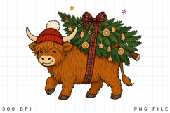 Highland Cow Christmas PNG, Christmas Tree Carrying Cow Product Image 1