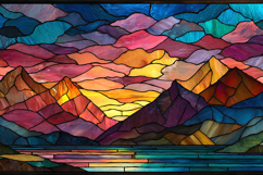 Stained Glass Mountain Sunset Landscape Artwork Design Product Image 1