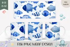Watercolor Fish Mug Wrap, Ocean Mug PNG, Blue Fish PNG Product Image 1