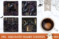 Gothic Halloween Square Coasters, Halloween Crow Coasters Product Image 1