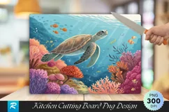 Sea Turtle Swimming Vibrant Coral Flowers Cutting Board PNG Product Image 1