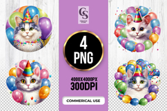 Cute Party Cat With Balloons Clipart Sublimation PNG Product Image 1