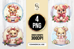Teddy Bear With Cake And Roses Clipart Sublimation PNG Product Image 1