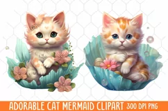 Adorable Cat Mermaid Clipart, Watercolor Clipart Product Image 1