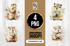 Watercolor Marmot Holding Flower Bouquet Clipart PNG Product Image 1
