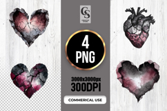 Dark Cracked Heart Watercolor Clipart Sublimation PNG Product Image 1