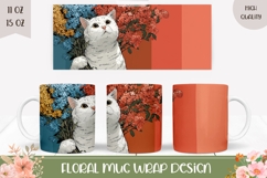 Cartoon Cat Mug, Floral Mug Wrap, White Cat With Flowers Product Image 1