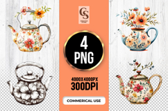 Floral Teapot Watercolor Clipart Sublimation PNG Product Image 1