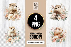 Watercolor Marmot Floral Portrait Clipart Sublimation PNG Product Image 1