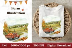 Red Farm Truck Illustration, Watercolor Farm Pumpkins PNG Product Image 1
