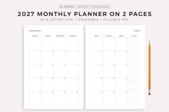 2027 Monthly Planner Printable, Dated Month on 2 Pages Product Image 1