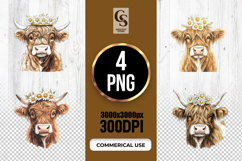 Highland Cow With Daisy Crown Clipart Sublimation PNG Product Image 1