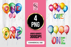 Watercolor One Balloon Birthday Clipart Sublimation PNG Product Image 1
