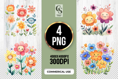 Cute Smiling Flower Watercolor Clipart PNG Product Image 1