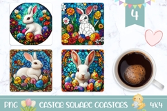 Stained Glass Easter Coasters, Floral Easter Bunny PNG Product Image 1